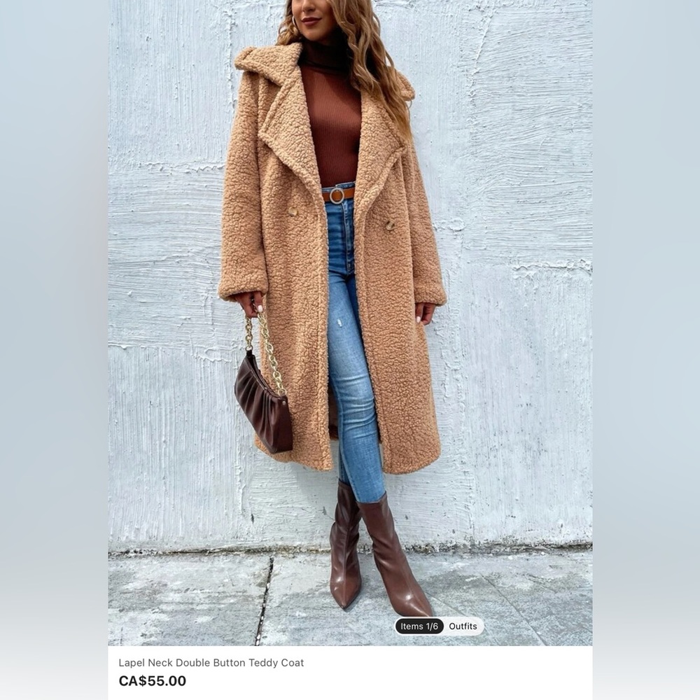 SHEIN NEW Lapel Neck Double Button Teddy Coat size L Camel Colour